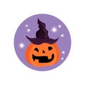 Pumpkin in a hat. Funny halloween pumpkin with witches hat. Happy Halloween. simple pumpkin pattern