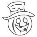 Pumpkin in hat thin line icon, Halloween concept, Creepy pumpkin sign on white background, funny scared face in hat icon