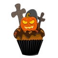 Pumpkin head on an eerie chocolate cake. Collection of Halloween.