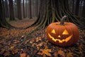 pumpkin head glows in the dark forest, scary and mystical, Halloween concept, roots of trees Royalty Free Stock Photo