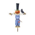 Pumpkin head scarecrow with raven. Watercolor illustration. Hand drawn cartoon style halloween scary element