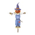 Pumpkin head scarecrow watercolor illustration. Hand drawn cartoon style halloween scary element. Countryside hay