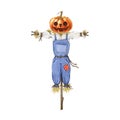 Pumpkin head scarecrow watercolor illustration. Hand drawn cartoon style halloween spooky element. Countryside hay Royalty Free Stock Photo