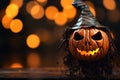 Pumpkin head and spider web quintessential Halloween decoration concept Royalty Free Stock Photo