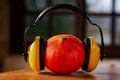 Pumpkin with headphones on wooden background. Headphones anti-noise worn on pumpkin. When you don\'t want to hear sounds Royalty Free Stock Photo