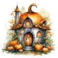 Pumpkin house in autumn forest. Watercolor cartoon illustration