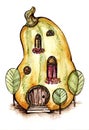 Pumpkin house watercolor illustration on white background