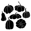 Pumpkin icon vector illustration set black silhouette. Autumn Halloween or Thanksgiving pumpkin symbol in flat design, simple, Royalty Free Stock Photo