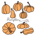 Pumpkin icon vector illustration set and handdrawn lettering. Autumn Halloween or Thanksgiving pumpkin symbol in flat design, Royalty Free Stock Photo