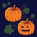 Pumpkin Jack With Carved Halloween Face, Leaves And Stables On Dark Blue Background Royalty Free Stock Photo