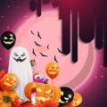 Pumpkin Jack, Halloween evil balloons and ghost on pink background with big full moon. Square template for your arts Royalty Free Stock Photo