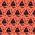 Pumpkin jack lantern and bat vector seamless pattern. Black silhouette of seamless texture Royalty Free Stock Photo