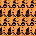 Pumpkin jack lantern and bat vector seamless pattern. Black silhouette of seamless texture Royalty Free Stock Photo
