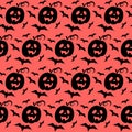 Pumpkin jack lantern and bat vector seamless pattern. Black silhouette of seamless texture