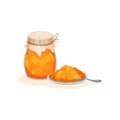 Pumpkin jam jar, homemade sweet jelly marmalad vector Illustration on a white background