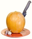 Pumpkin with a knife and garlic on a platter Royalty Free Stock Photo