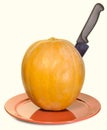 Pumpkin with a knife on a plate Royalty Free Stock Photo