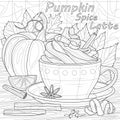 Pumpkin latte. Autumn drink.Coloring book antistress for children and adults.