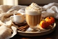 Pumpkin latte in glass cup. Cozy autumn beverage. Generative AI