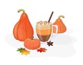 Pumpkin latte with cream and pampkins. Fall season drink in a cup. Autumn design. Royalty Free Stock Photo
