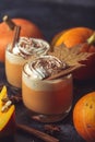 Pumpkin latte drink. Autumn coffee with spicy pumpkin flavor and cream on a dark background. Seasonal Fall Drinks for Halloween