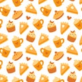 Pumpkin latte, pie and muffin seamless vector texture