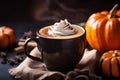 Pumpkin latte with spices. Boozy cocktail with whipped cream.