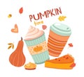 Pumpkin latte time. Autumn drinks, hygge season. Coffee with cream, falling leaves and cakes. Bakery shop, cafe Royalty Free Stock Photo