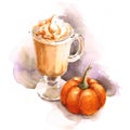 Pumpkin Latte Watercolor Coffee Illustration Hand Drawn