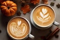 Pumpkin lattes with latte art top view with little pumpkins, generative AI