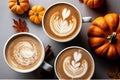 Pumpkin lattes with latte art top view with little pumpkins, generative AI