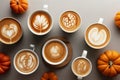 Pumpkin lattes with latte art top view with little pumpkins, generative AI