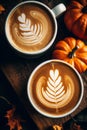 Pumpkin lattes with latte art top view with little pumpkins, generative AI