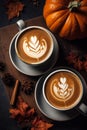 Pumpkin lattes with latte art top view with little pumpkins, generative AI