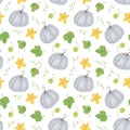 Pumpkin and leaves seamless pattern traditional autumn vegetables watercolor hand drawn style illustration for wrapping gift paper