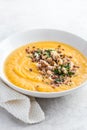 Pumpkin and lentil cream soup in white bowl Royalty Free Stock Photo