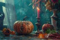 A pumpkin with a lit candle next to it, perfect for fall or Halloween decoration Royalty Free Stock Photo
