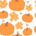 Pumpkin and maple leaves yellow color fall seamles pattern. Hand drawn clip art illustration. Thanksgiving, happy harvest