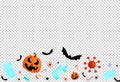 Pumpkin, medical mask, full of candies, sweets,alcohol gel,mask on isolated on png or transparent background, Halloween during