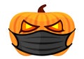 Pumpkin with medical mask for the holiday halloween, halloween pumpkin wear a black mask isolated on white, pumpkin wearing face