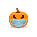 Pumpkin with medical mask on white background. The main symbol of the Happy Halloween holiday. Orange pumpkin with smile for your