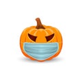 Pumpkin with medical mask on white background. The main symbol of the Happy Halloween holiday. Orange pumpkin with smile for your