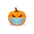 Pumpkin with medical mask on white background. The main symbol of the Happy Halloween holiday. Orange pumpkin with smile for your