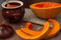 Pumpkin milk soup in a pot, close-up