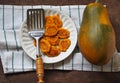 Pumpkin millet pancakes with raisins. National russian cuisine, healthy breakfast food.Popular in kindergardens, good for kids. Royalty Free Stock Photo