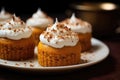 Pumpkin Mini Cakes Baked In Muffin Mold, Topped With Whipped Cream And Spices. Generative AI