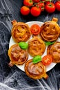 Pumpkin mini pizzas to Halloween party treats, creative idea for Royalty Free Stock Photo