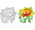 Pumpkin monster, funny illustration, coloring book