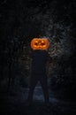 Pumpkin monster head on man body standing over spooky forest Royalty Free Stock Photo