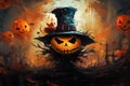 Pumpkin monster. Oil painting greeting card for Halloween. Generative AI Royalty Free Stock Photo